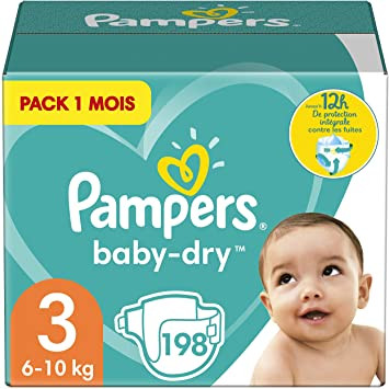 Pampers Couches Baby-Dry Taille 3 (6-10kg) Jusqu'à 12h Bien Au Sec